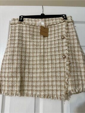 Blu Pepper Cream and Tan Plaid Fringe Midi Skirt